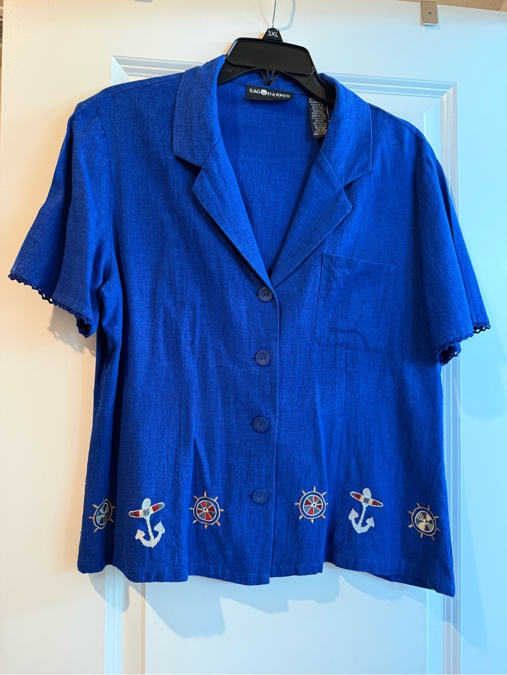 Sag Harbor Blue Short-Sleeve Button Down Shirt with Nautical Embroidery
